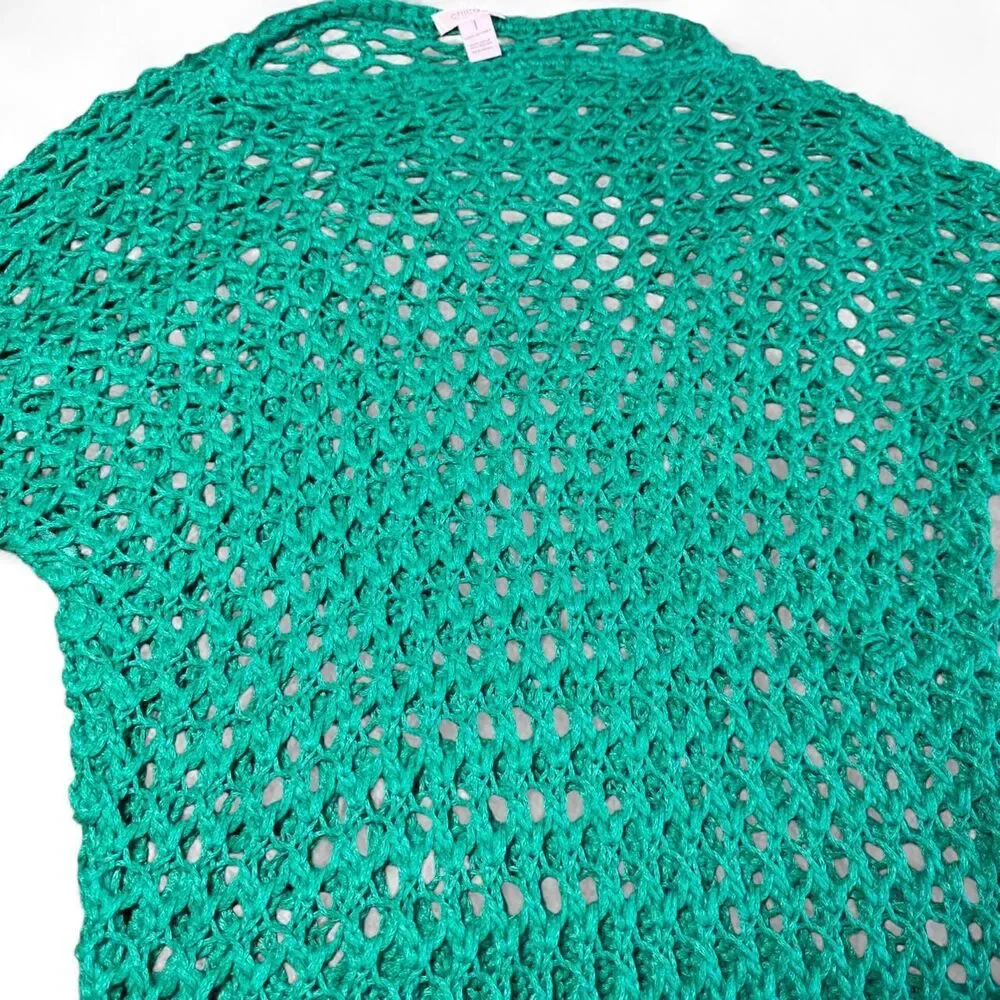 Chico's Open Knit Crochet Sweater Green Linen Blend Mesh Net Pullover Size 1 M/L